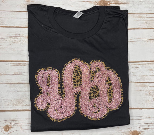 Rose Gold Glitter & Leopard Monogram Tee Wholesale