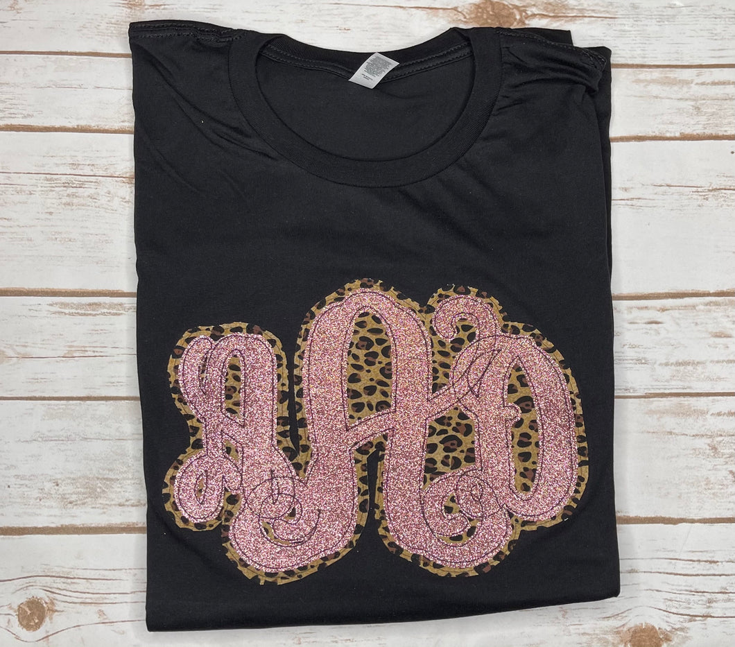 Rose Gold Glitter & Leopard Monogram Tee