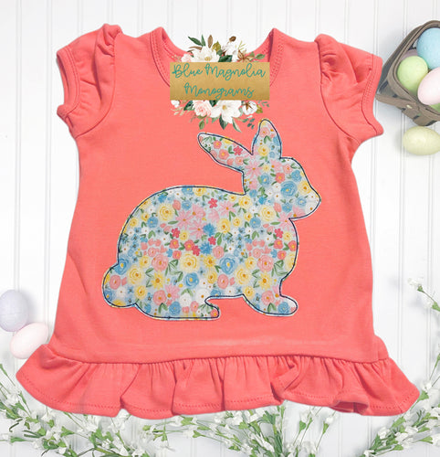 Coral Floral Bunny Silhouette Ruffle Bottom Shirt