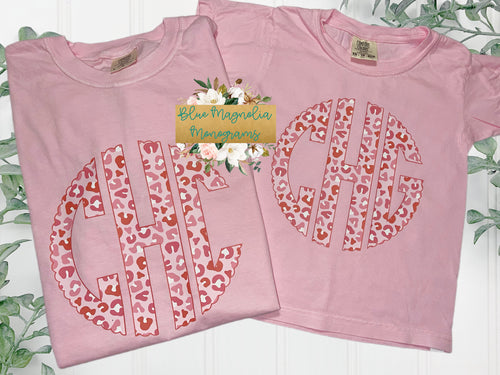 Pink Leopard Monogram Tee-Youth & Adult